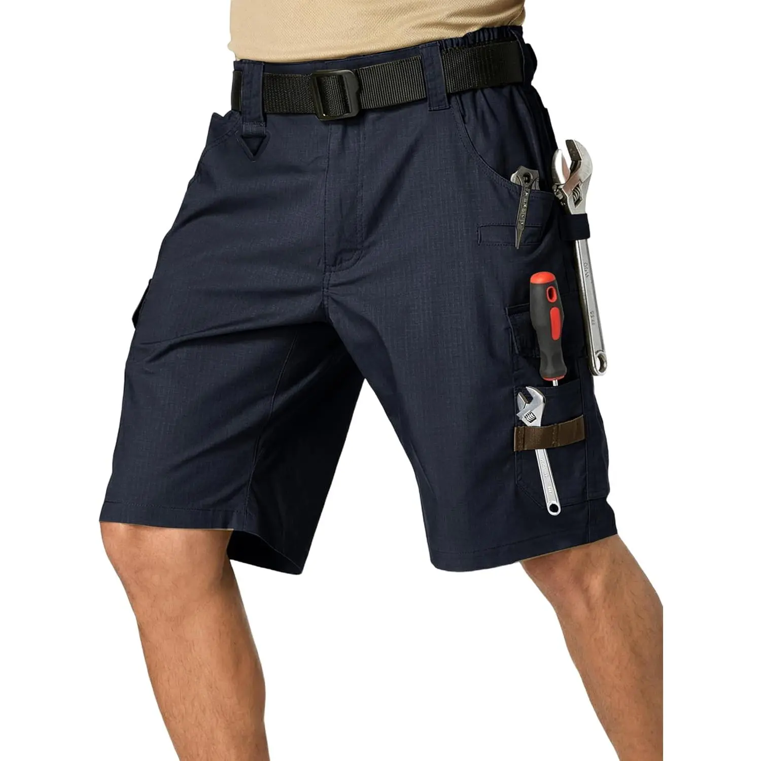 Men's Cargo Work Shorts - Water-Resistant Ripstop Tactical Tool Shorts for Construction Workers, Outdoor Hiking - Cotton Blend, 14-Pocket, Button-Closure (No Tool Belt Included), With Pocket Men's Shorts, Hiking / Light Outdoor