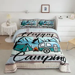 Camping Travel Car Pattern Comforter,Happy Camping Theme Designer Comforter Set,Wooden Door Luxury Bedding Set,Vintage Room Decor Duvet Set