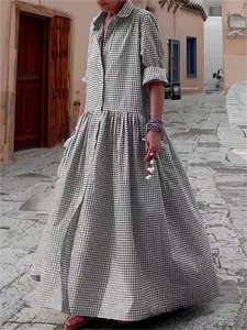 VVZ 2026 Spring Women's Vintage Plaid Shirt Dress Loose Long-Sleeved Checkered A-Line Maxi Dress SpringStatements