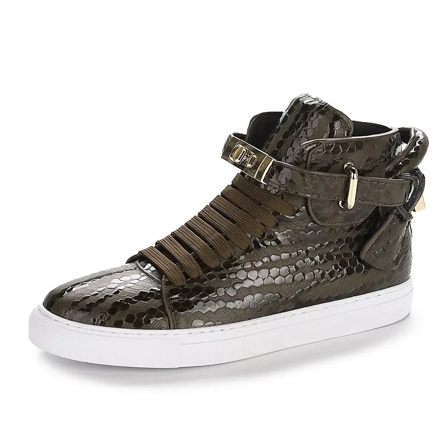 Men Embossed High Top Sneakers Lock Lace Red Metal Real Leather Designer Flat Men Platform Casual Shoes