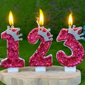 1pcs Hot pink crown glitter number birthday candles, suitable for celebration and party decorations. Sparkling birthday and anniversary party decorations, DIY festive girl candles, birthday candles, Birthday Cake Candle