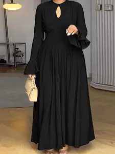 Plus Size Elegant Flounce Sleeve A-Line Pleated Dress, Spring & Fall Woven Fabric, Suitable for Parties & Daily Wear