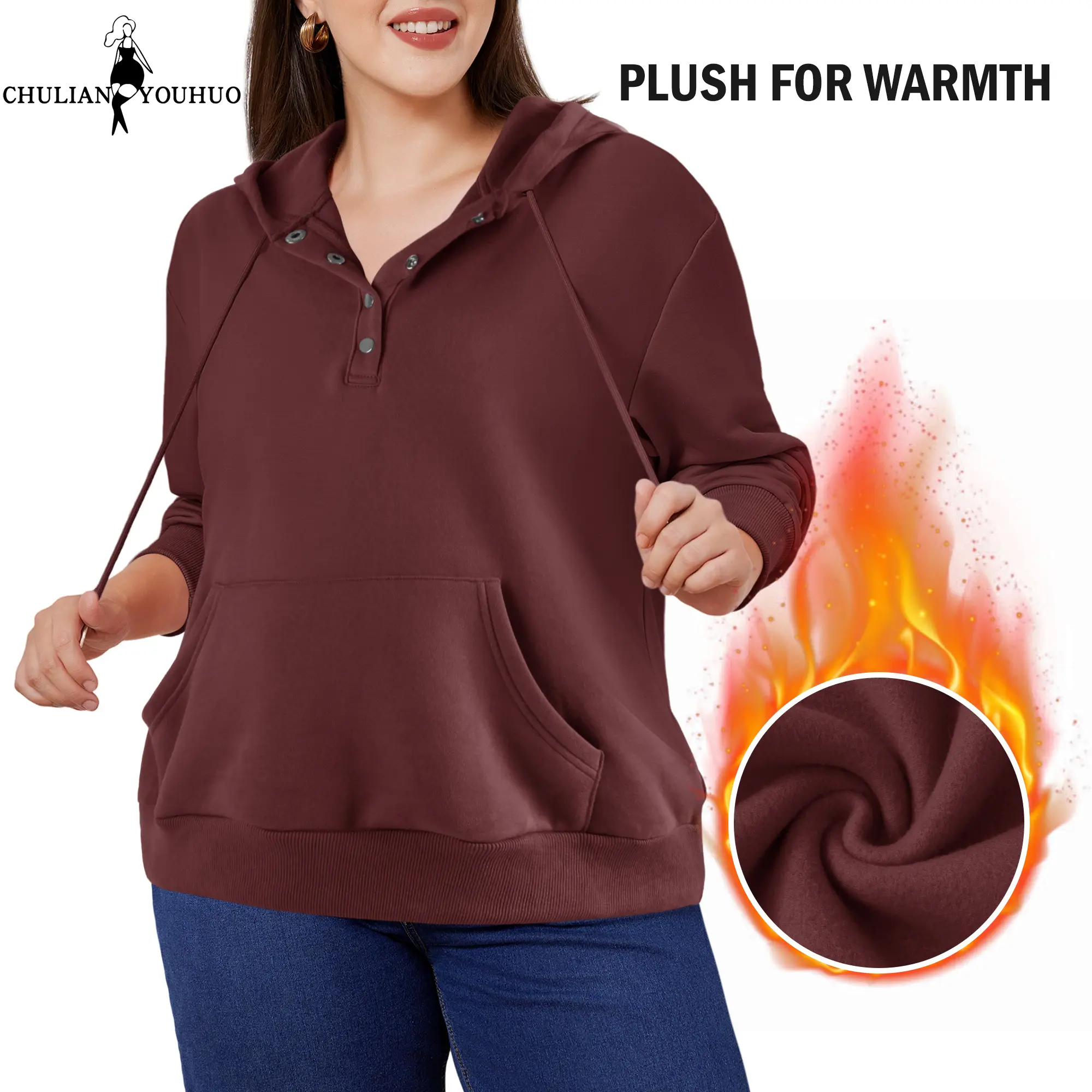 Chulianyouhuo Women's Thick Plush Casual Oversized Hoodie - Long Sleeve Comfy Pullover Sweatshirt with Button Collar, Drawstring, Plus Size Minimalist Vest Style Top