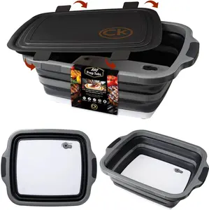 Collapsible BBQ Prep Tub - Includes Cutting Board, LOCKING Lid & Strong Drain Hole for Meal Prep & Marinating |   BPA-Free, Food-Grade BBQ & Meat Prep Tubs, Best Grilling Gifts (Black, 8 L)