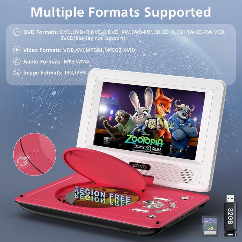 11.5" Portable DVD Player for Kids Car 9.5" Swivel HD Screen 4-6 Hours Battery Sync TV SD USB Disc Formats Dual Speakers Red Audio System rechargeable leather cd player Compact karaoke machine cd player portable boombox card  v  d  player