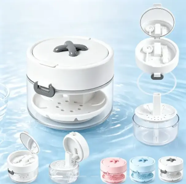 3-in-1 Denture Bath Box Retainer Cleaner Case with Auto Lifting Strainer Leak Proof Aligner Case with Mirror, Brush & Tool Set, Portable Retainer Holder for Invisalign, Dentures & Mouth Guards