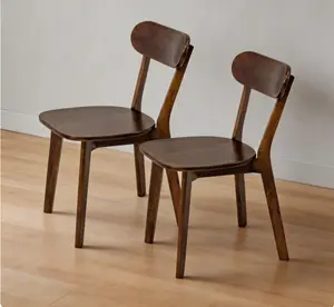 Set of 2 Walnut Solid Wood Dining Chairs, Mid Century Modern Style Chairs with Elegant Curved Backrest, Natural Pure Wooden Kitchen Chairs with Adjustable Foot Pads, Multi-scene Retro Home Furniture for Dining Room Study Decor