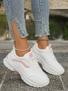 Women's Spring & Fall Casual Sneakers, Walking Sneaker Trainer, Round Toe Ankle Boots, PU Leather Upper, Rubber Sole, Stripes Pattern, Comfortable Walking Shoes, Thick Sole Sneaker