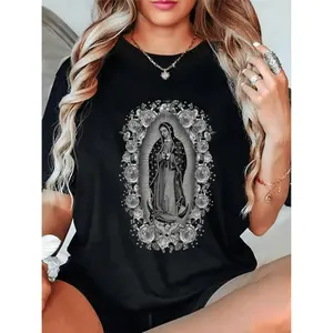 100% Cotton Golf Gift T-Shirt For Men and Women Women Virgin De Guadalupe Mary Graphic T Shirt Black Crew Neck Short Sleeve Casual Tee With Intricate Floral Religious Art Soft Breathable Fabric