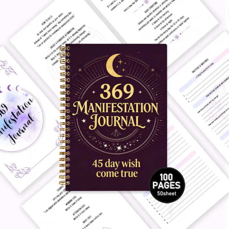 369 Manifestation Journal, a must-have planner for spiritual growth, with a Purple-Gold Star and Moon cover design, includes daily 3/6/9 affirmation exercises and gratitude recording pages, a 45-day wish-fulfillment plan, spiral binding for portability an