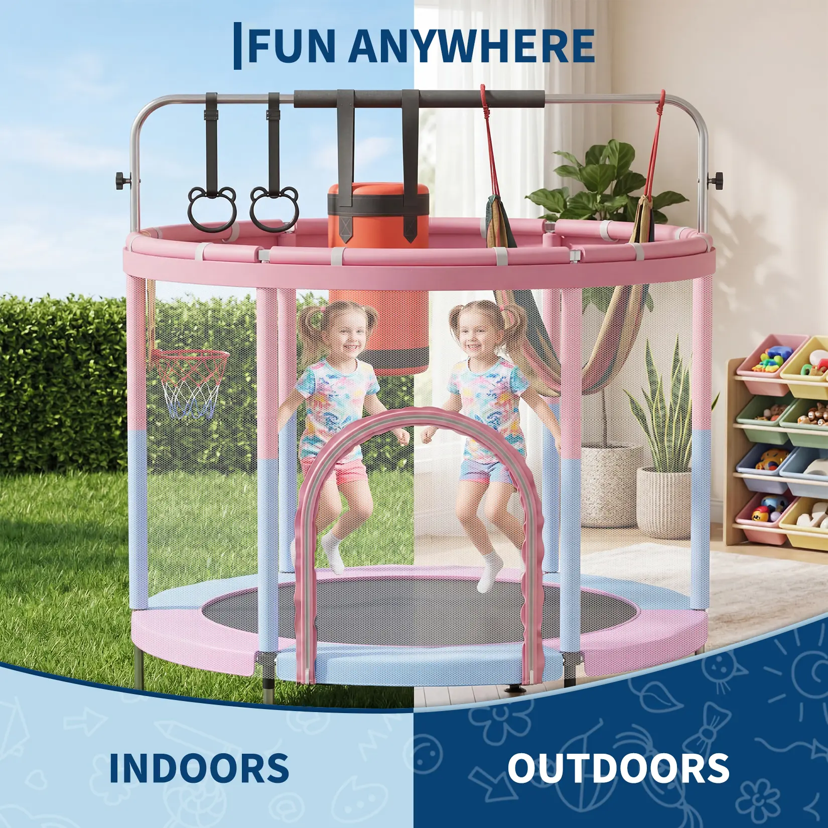 Garvee 60-Inch Kids Trampoline with Safety Net & Adjustable Gymnastics Bar, Multi-Toy Set – 440 lbs Capacity Indoor/Outdoor Mini Trampoline – Certified Safe for Ages 3-6