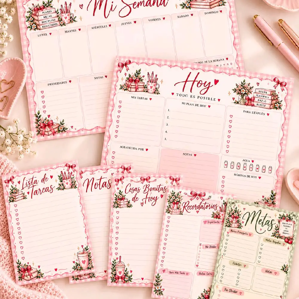 Spanish Notepad, 5x7 Handmade To Do List and Notes Pad, Cute Pink Stationery for Daily Planning