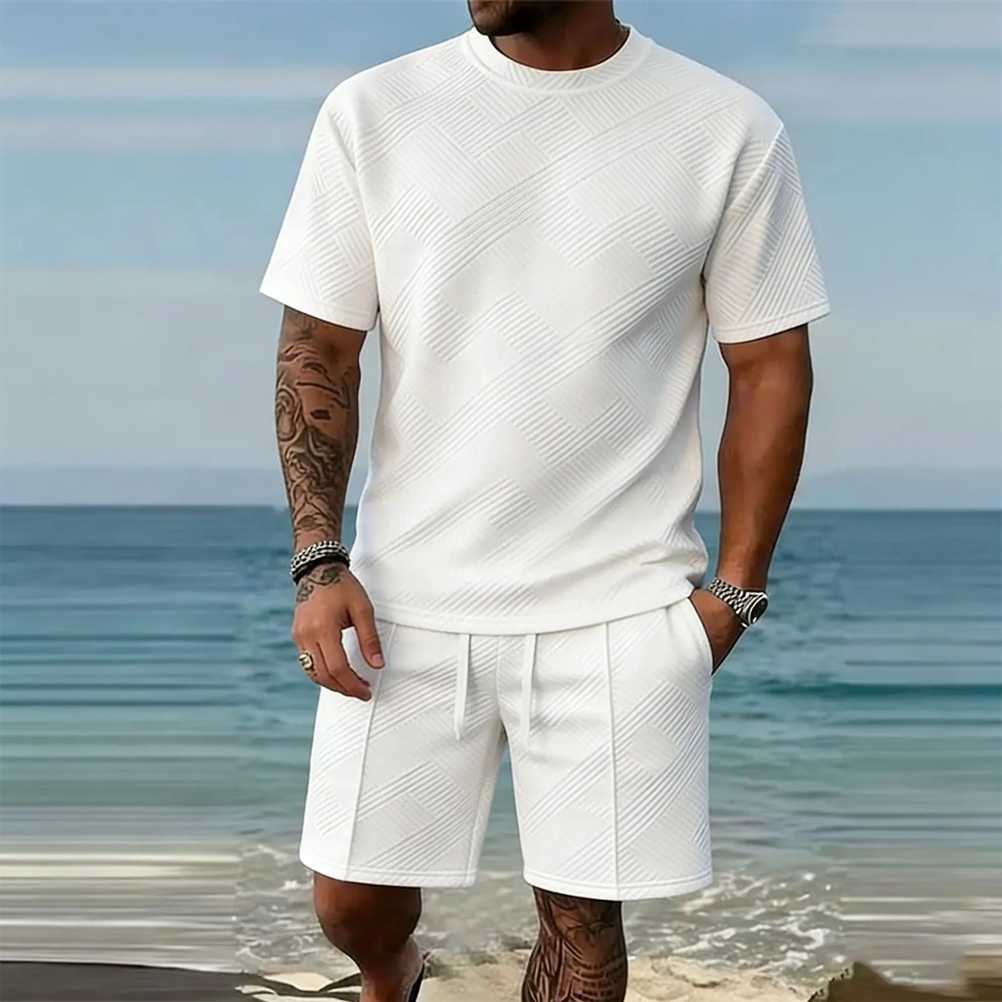 Men’s 2-piece set with regular fit, solid color textured short sleeves and shorts—casual summer menswear suitable for beach vacations; men’s apparel., Plain, Shortsleeve, Round Neck