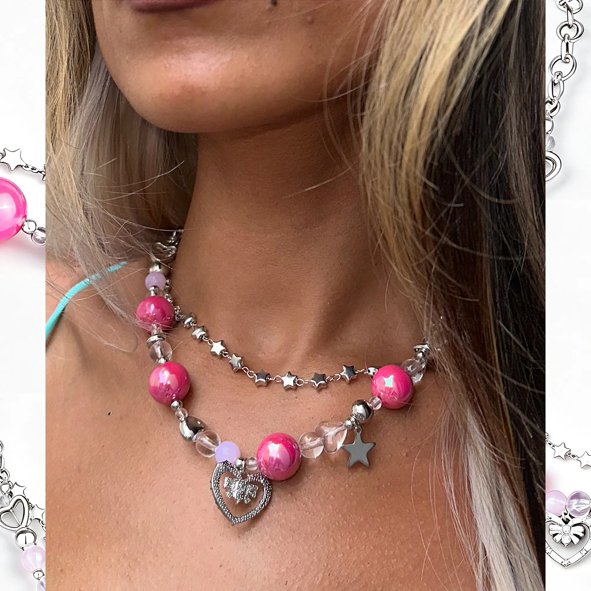 Y2K Irregular Star Necklace Stack Layered Whimsy Twee Accessories Vintage Beaded Necklaces 2000s Whimsigoth Aesthetic Suitable for Children and Adults