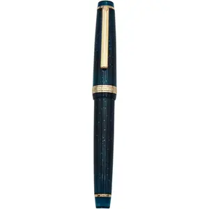 Fountain Pen - Acrylic Material Pen Barrel, Iridium Medium Nib with Ink Converter Smooth Writing Pen Classic Design Transparent Deep Sea Blue (Gold Trim, M)