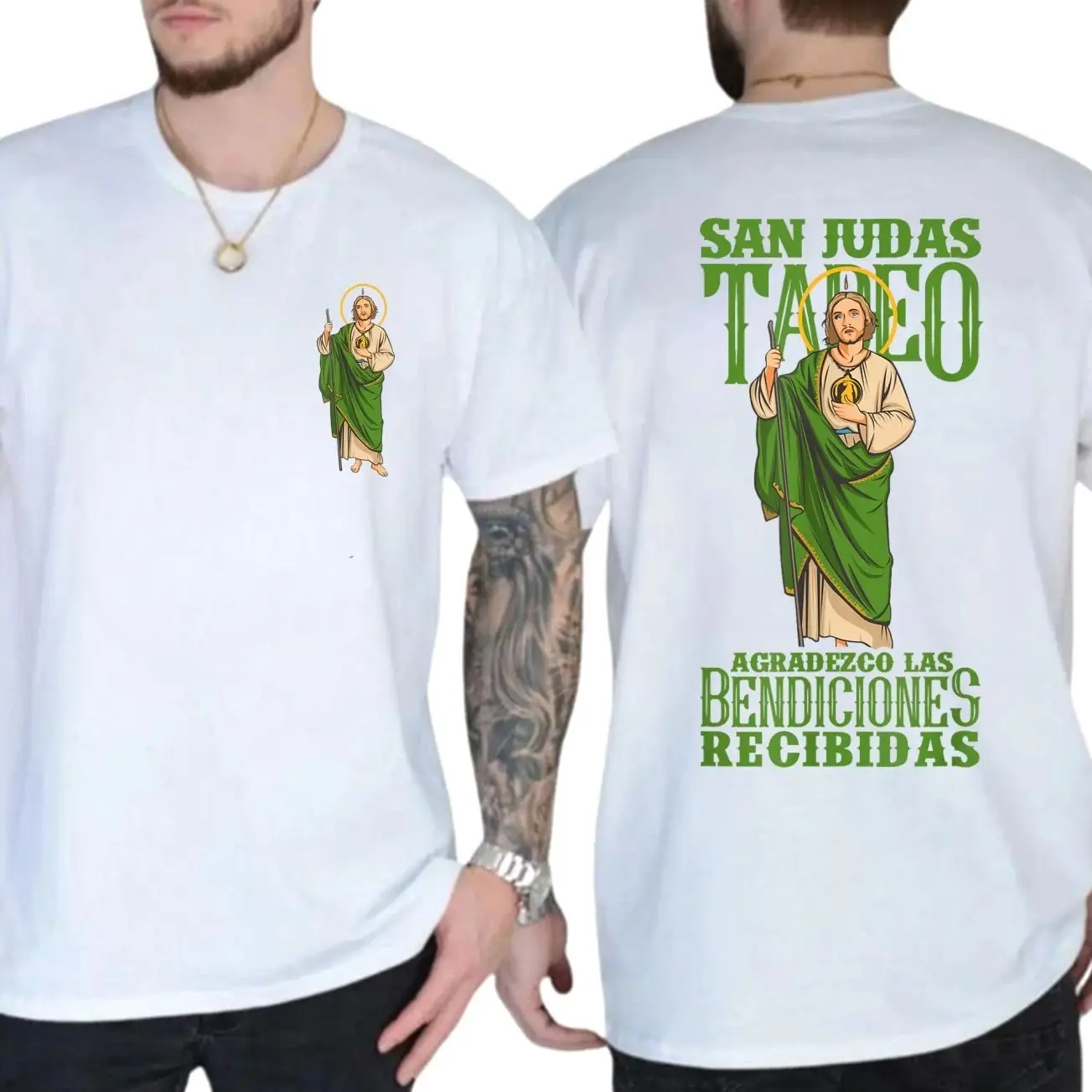[Made in USA] San Judas Tadeo T-Shirt, Catholic Faith Tee, Saint Jude Graphic Shirt, Religious Devotional Apparel, Unisex Double-Sided Design