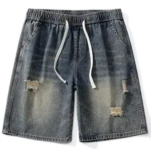 Men’s casual vintage denim shorts with elastic waistband and frayed patches