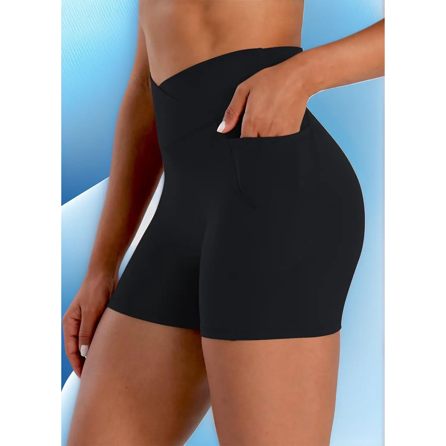 Female High-Rise Crossover Stretchy Slim-Fit Biker Gym Shorts - Elastic Waist, Hidden Butt Enhancer, Scrunch Tummy Control, Pockets, Stretch Fabric for Yoga Workouts
