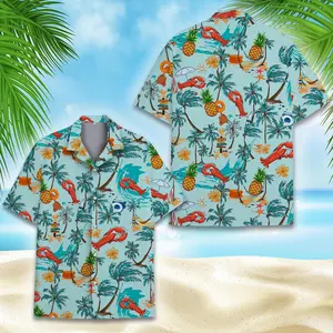 Lobster Pineapple Hawaiian Shirt, Funny Tropical Aloha Shirt, Summer Vacation Island Party Outfit, Beach Short Sleeve Button Down