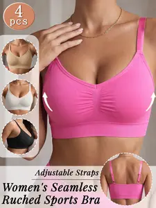 4 Pack Wire Free Seamless Adjustable Workout Bra Wide Underband Support Push Up Ruched Front Comfort Sports Bra Sportswear Bra