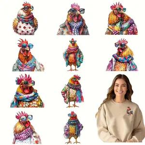 12pcs/set Vibrant Chicken DIY Transfer Stickers - Washable Heat Transfer Design for T-Shirts, Masks, Jeans, Backpacks - Colorful Rooster Graphics with Glasses & Scarves, Tshirt Decor | Playful Design | Durable Vinyl, Chicken Accessories