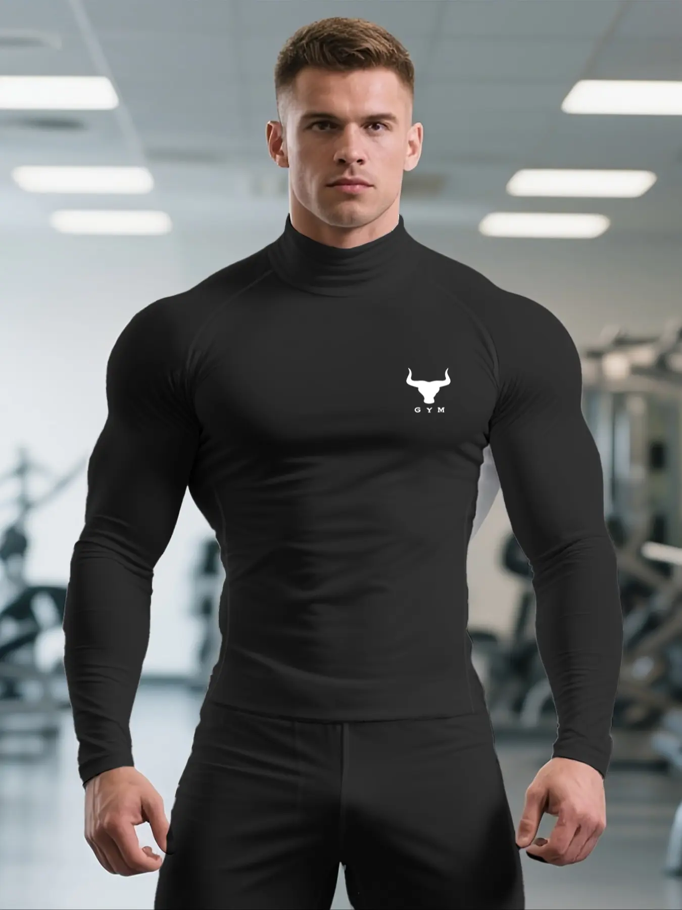 1-Pack Men's Quick Dry Stretch Fitness T-Shirt, Athletic Compression Shirts, High Neck Long Sleeve Sports Tee with Bull Gym Print, Moisture Wicking Athletic Shirt for All Season Wear, Gym Training & Performance Sportswear, Workout T Shirt