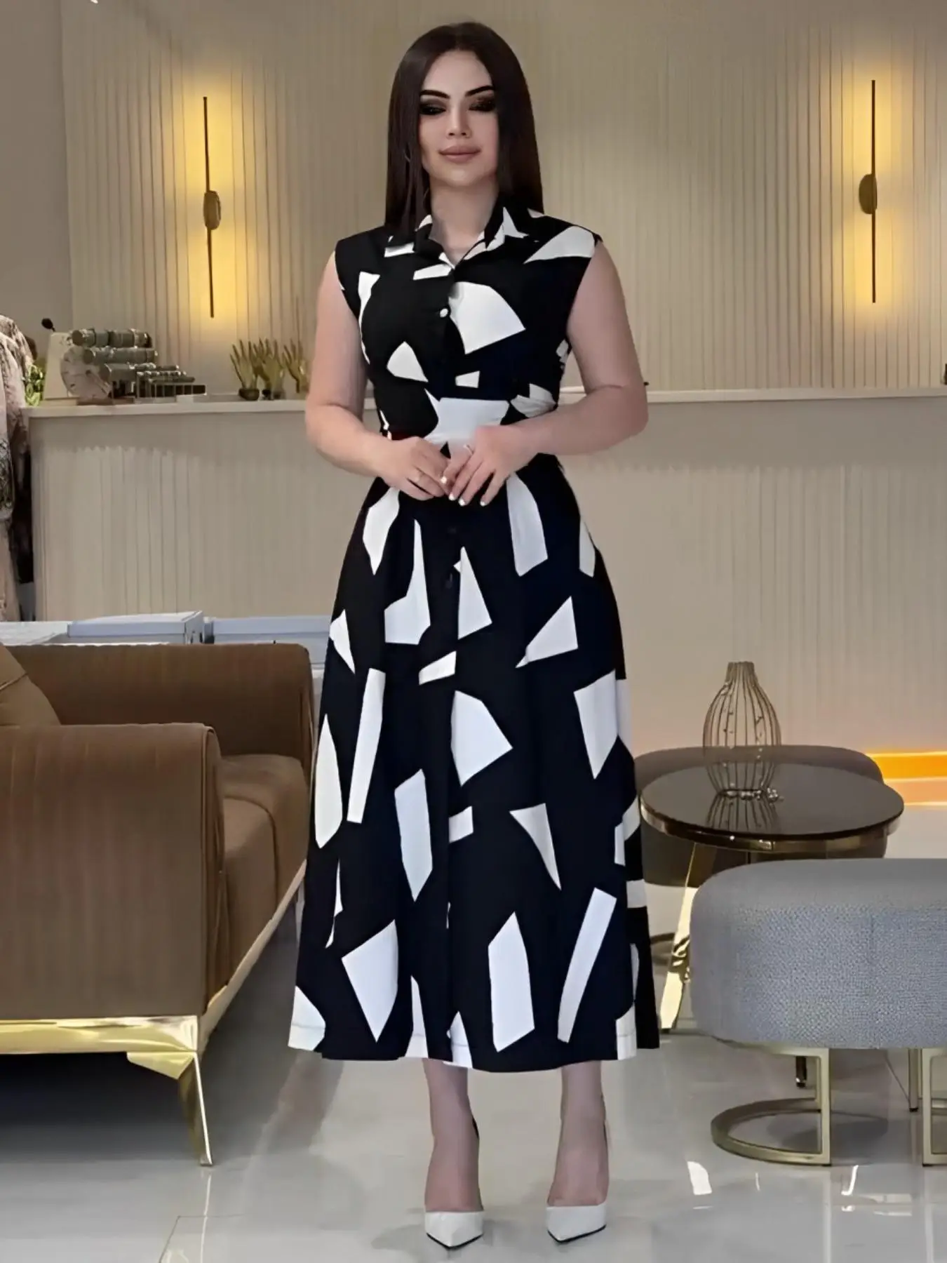Women's Geometric Print Button Front A Line Dress, Elegant Sleeveless Collared Long Dress for Party Holiday Wedding Guest, Ladies Spring & Fall Clothe