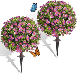 24" Artificial Daisy Topiary Ball Trees with Dense Blooms, Set of 2 Fake Bushes with Ground Spike, UV Resistant Faux Evergreen Plants for Outdoor Indoor Spring Garden Front Porch Decor