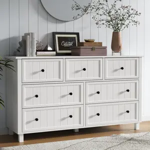Gyfimoie Farmhouse 7 Drawers Dresser, White Chest of Drawers for Bedroom, Wide Dresser TV Stand with Large Metal Handles, Modern Wood Drawer Organizer Dresser for Closet living room drawer