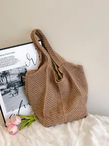 Summer Cotton Knit Bag Women New Beach Vacation Hollow Out Shoulder Large Capacity Commute Casual Tote Bag Vintage Knitted Single Shoulder Bag