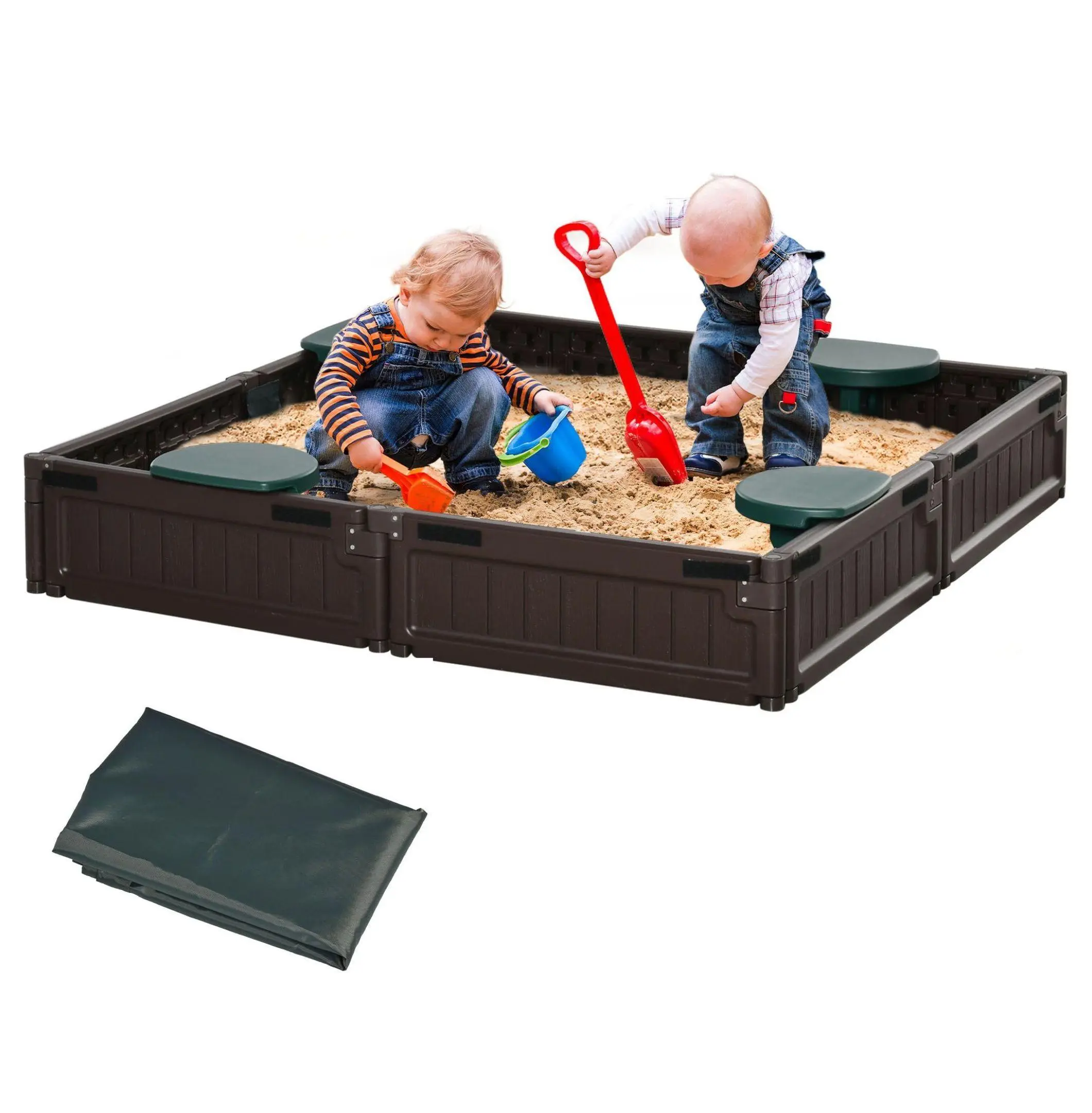 Outdoor Sandbox with Cover, Large HDPE Sandbox for Kids, Durable Garden Bed for Backyard, Brown