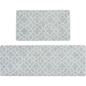 Kitchen Mat Set of 2, Anti-Fatigue Cushioned Mats For Floor, Waterproof Non Slip Comfort Standing Mat, Boho Rug For Kitchen Decor, Sink, Office, 17"x30"+17"x47", Stone Gray