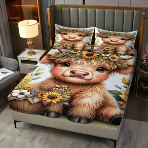 Cute Highland Cow Cute Fitted Sheet Set (3 Pcs): Includes 1 Fitted Sheet + 2 Pillowcases (No Filler),flower, Butterfly, Bedroom Bed, Pastoral - Style Homestay Bed, Kids' Bed, Apartment Bed, Themed Room Bed, Kids, Couples, Family, Friends, Animal Lovers