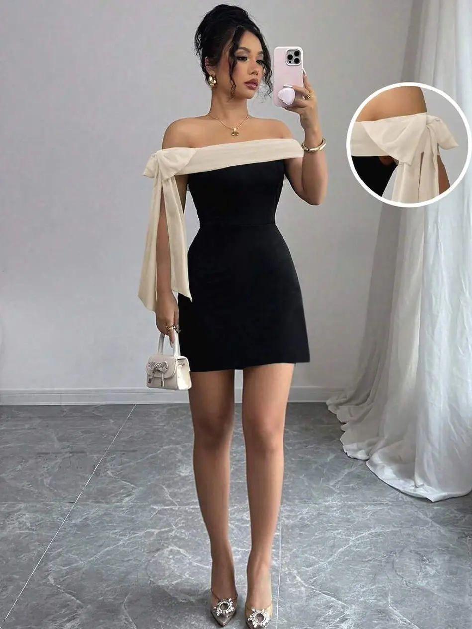 Women's Elegant Off-Shoulder Mini Dress Black High Waist Fitted with Knot & Zipper for Night Out - TikTok Shop Women's Elegant Off-Shoulder Mini Dress Black High Waist Fitted with Knot & Zipper for Night Out - TikTok Shop