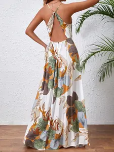 Women's Floral Print Backless Split Thigh Wrap Dress, Summer Clothes Women, Lady Casual Bohemian Strap Sleeveless Deep V Long Dress Beach Holiday Vacation, Sundress, Boho Slip Dress, Womenswear, Tropical chic by ally fall fit