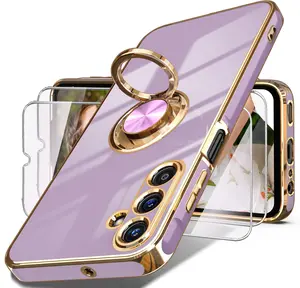 for Samsung Galaxy A15 5G Case, Screen Protector, 360° Rotatable Ring Holder Magnetic Kickstand,Plated Gold Edge Slim Soft TPU Protective Phone Cover for Galaxy A15 5G (Purple)