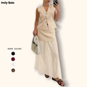 Imily Bela Womens Summer 2 Piece Outfits V Neck Sleeveless Blazer Waistcoat and Mesh Maxi Skirt Suit Sets