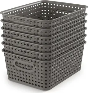 Weave Storage Organizer Baskets, Grey 6-Pack Plastic Woven Baskets, 10.1" x 7.55" x 4.1"