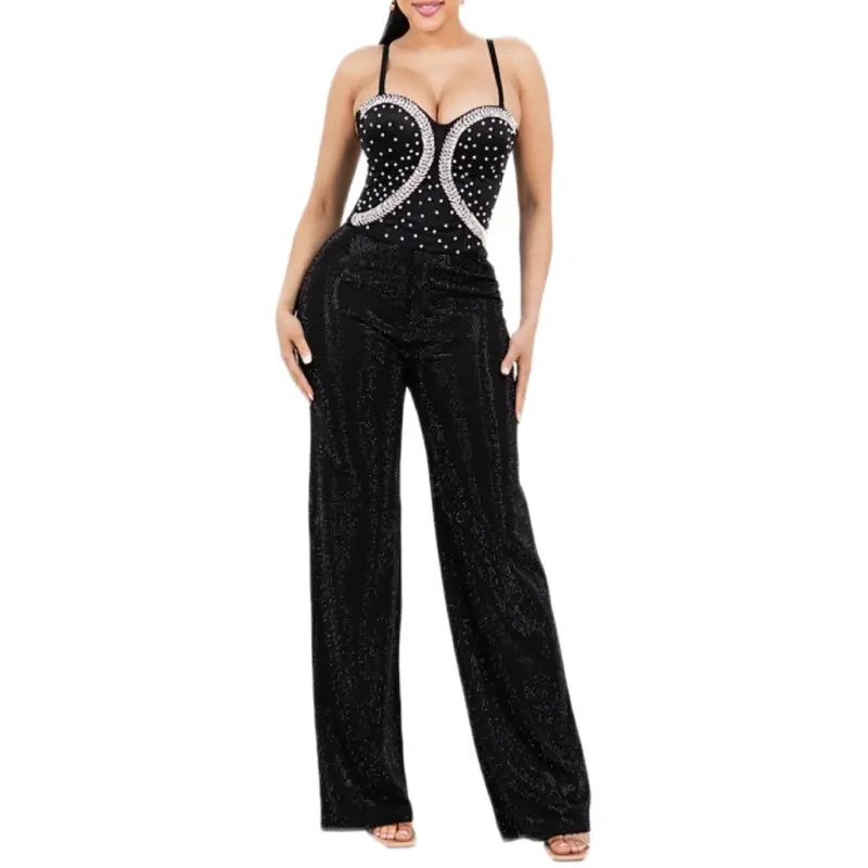 Audry Pants - COTTON & RHINESTONE WIDE LEG PANTS - Cotton fabric with rhinestone embellished - Belted waist - Front zipper down - Wide leg & Full length - 90% COTTON / 10% SPANDEX