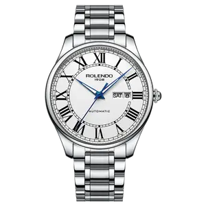 Men's All Silver Automatic Mechanical Watch, White Dial Black Roman Numerals Day Date Window Bright Blue Hands Luminous Markers Multi-Link Stainless Steel Bracelet Classic Business Dress Wrist Watch