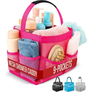 Shower Caddy Mesh - 9 Pocket Portable Bathroom Organizer Tote for Travel, Gym & Dorm - Collapsible Small Shower Caddy Bag to Hold Toiletries & Essentials (Pink)