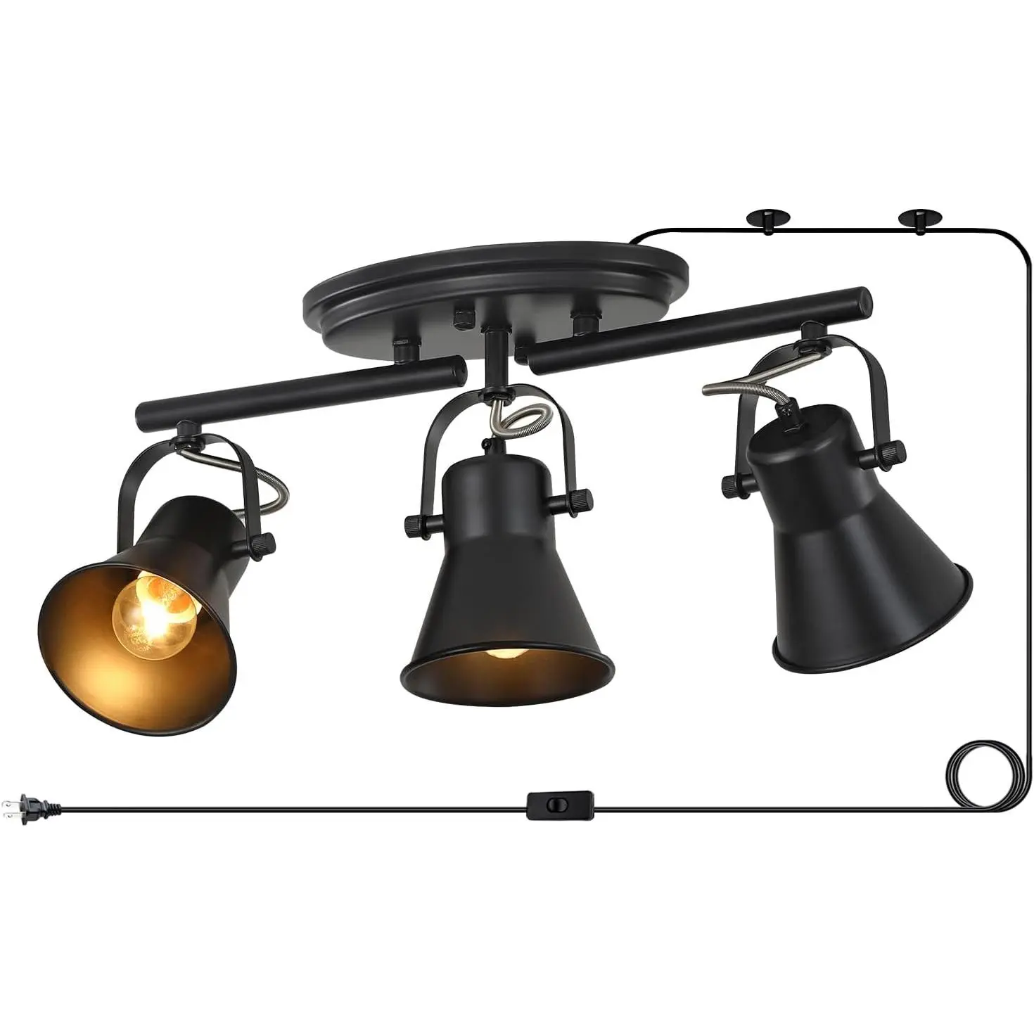 3-Lights Plug in Track Lighting with 14.8ft ON/Off Cord, Adjustable Plug in Ceiling Light,Black Track Lighting for Kitchen Dining Room Bathroom Over Sink Laundry Room