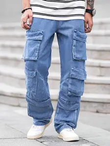 Live unbridled Fashion Multi-Pockets Overalls Denim Pants Solid Color Loose Jeans for Daily Wear