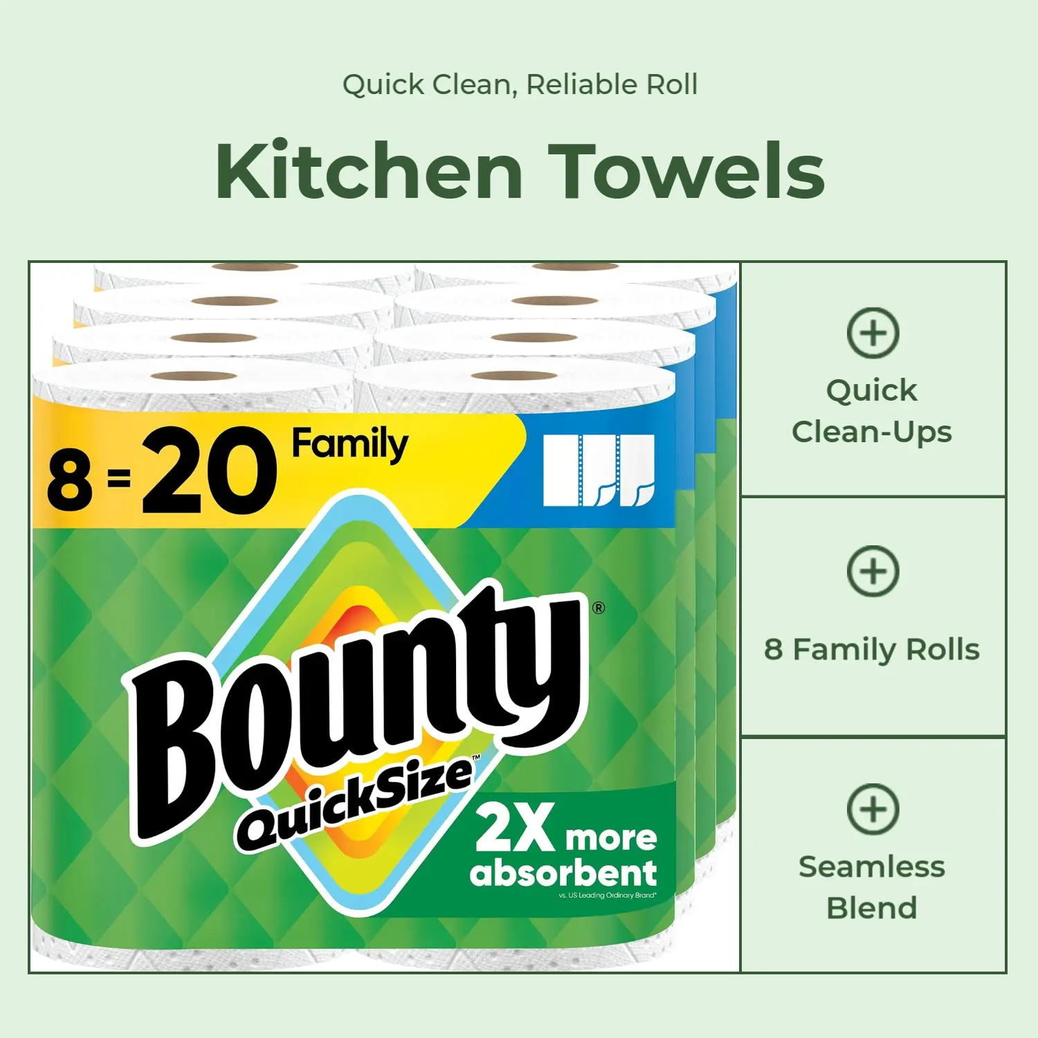 Bounty Quick Size Kitchen Paper Towels, White, 8 Family Rolls