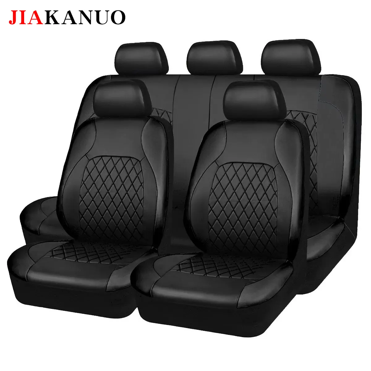 JIAKANUO Universal Car Seat Covers Set PU Leather for 5 Seats Full Protection Waterproof Anti-Scratch Fit Most Cars SUVs Vans Trucks Automotive Seat Protectors Airbag Compatible Car Interior Accessories（all black）
