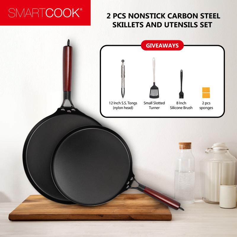 SmartCook 10", 13" Nonstick Carbon Steel Skillets and Utensils set , Durable, Foodi, Perfect for Stove-Tops, Non-Toxic Cookware Set, Griddle with Handle, Omelet Pan, Comal for Tortillas, Crepe Pan pots and Metal Silicone Induction Wood