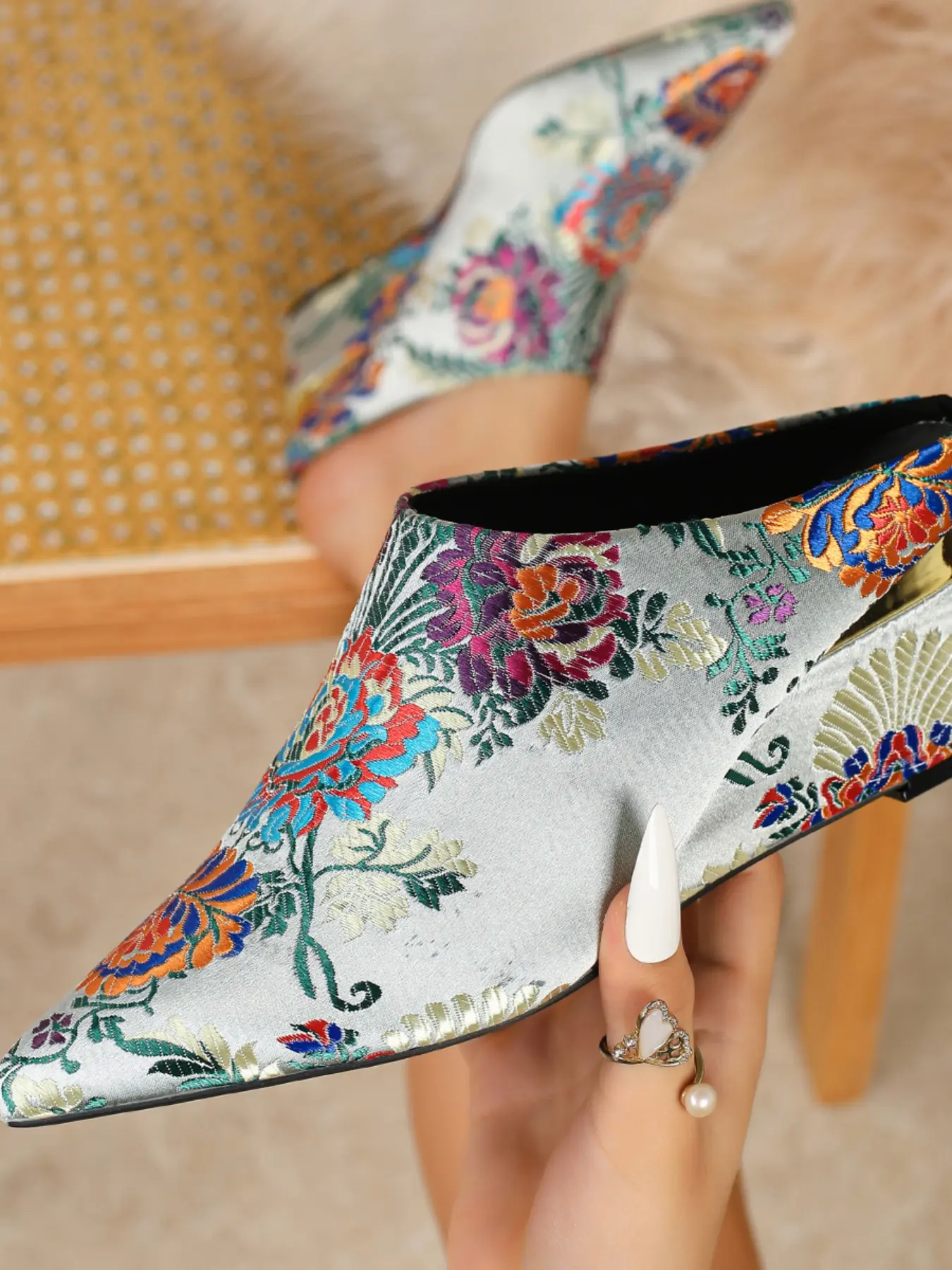 Embroidered Pointed Toe Women's Wedge Sandals, Embroidery, Textile Upper, Comfortable Blue Thick Sole Slip-On High Heels for All Seasons, Stylish Traditional Chinese Footwear, Elegant Footwear