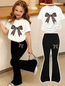 Girls' Leopard Bow Cartoon Print, Round Neck Short Sleeve T-Shirt & Bell Bottoms, Comfortable Elastic Waist Pants, Spring Summer, Girl Clothes School, Leopard Print Set