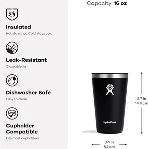 Hydro Flask All Around Tumbler Press-In Lid, Insulated Travel Mug, Stainless Steel Coffee Cup 16 Oz Tonal Birch Gray