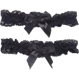 2Pcs Lace Wedding Garters for Bride Sexy Wedding Bridal Garter with Bow Party Prom Leg Garter Belt Tossing Thigh Garters Black Bowknot Elastic Leg Ring for Party Prom Birthday